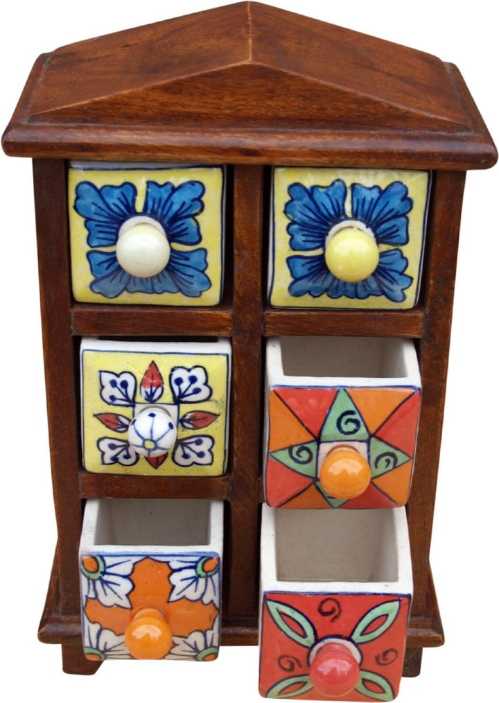 GURU SHOP Apothekerschränkchen mit Bunten Keramik Schubfächern - 2x3 Fächer Modell 2, Braun, 30x18x1
