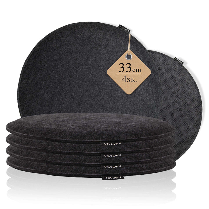 4er Set Stuhlkissen rund 33 cm - rutschfest &amp; Gemütlich - Sitzkissen Filz rund | für Stuhl, Bank, Ho