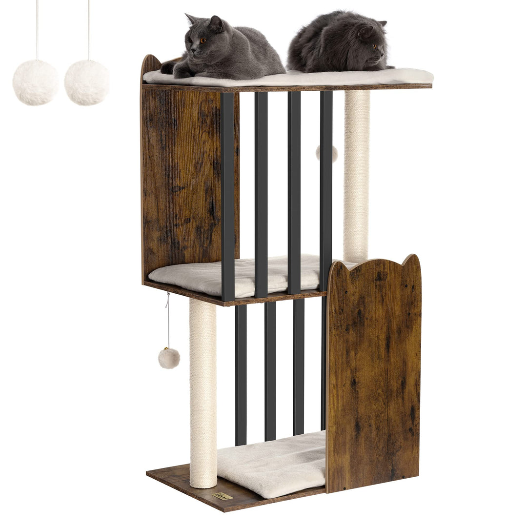 FourFurPets 3-stufiger moderner Kratzbaum, 111 cm hoch, Katzenbaum, mit 2 Voll Sisal Kratzsäulen, 3