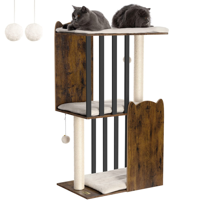 FourFurPets 3-stufiger moderner Kratzbaum, 111 cm hoch, Katzenbaum, mit 2 Voll Sisal Kratzsäulen, 3