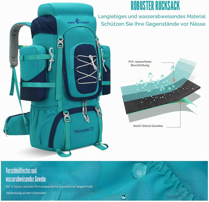 Bseash 70L (65+5) Wasserdichter Wanderrucksack mit Regenschutz, Outdoor-Sport, Reisen, Tagesrucksack