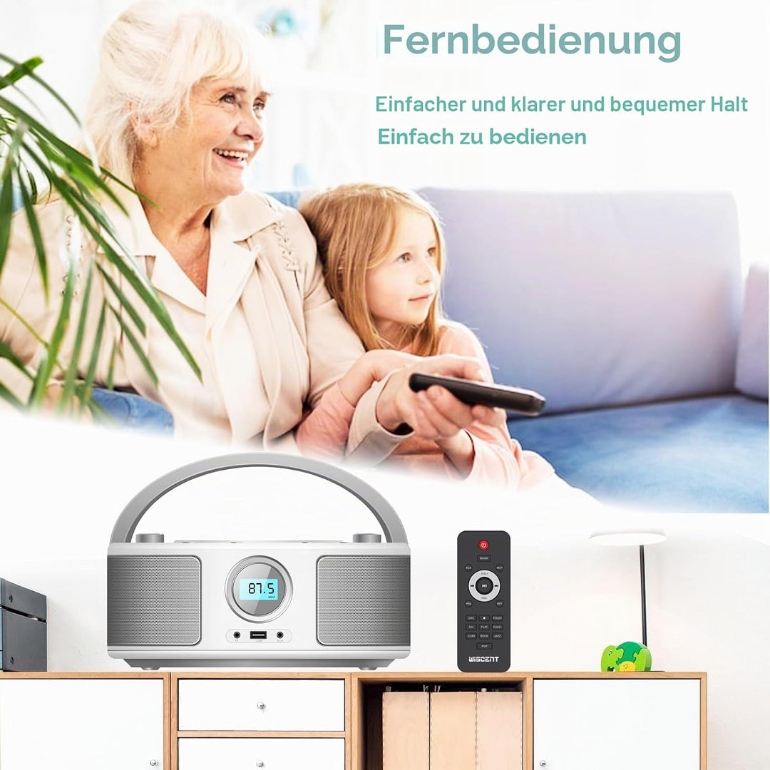 WISCENT Tragbares CD Radio (CD-Player, Boomboxen, UKW Radio, USB, Kopfhöreranschluss, AUX-In),CD Spi