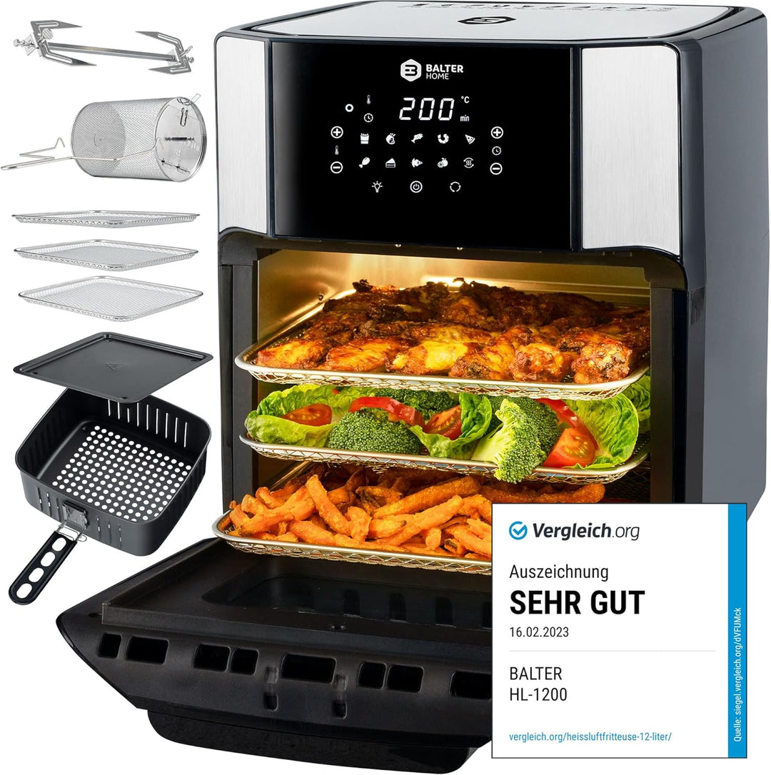 Balter Heissluftfritteuse HL-1200, Friteuse, 12 Liter, Mini Backofen, Dörrautomat Funktion, LCD Disp