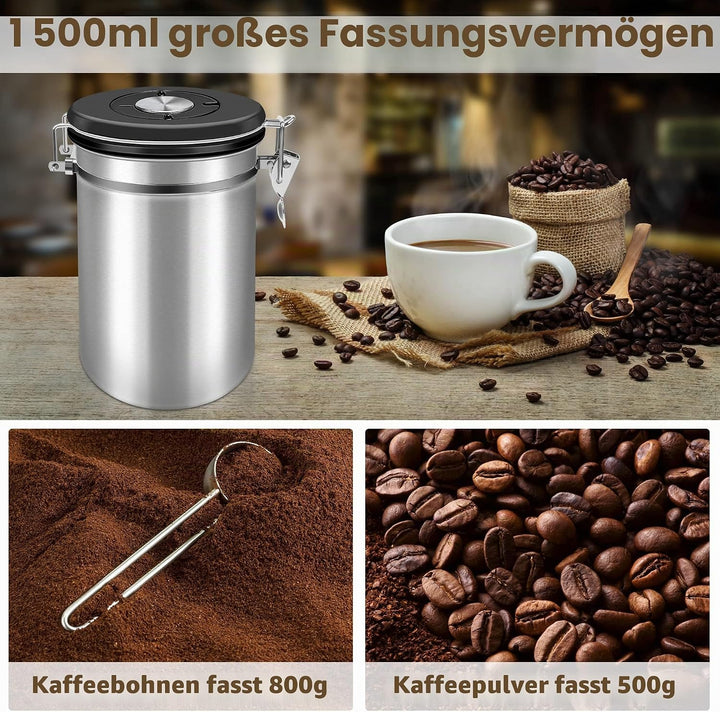 Kaffeedose 500g Bohnen Kaffeedose Luftdicht 1500ml mit Löffel und Kalenderrad, Edelstahl Kaffee Dose