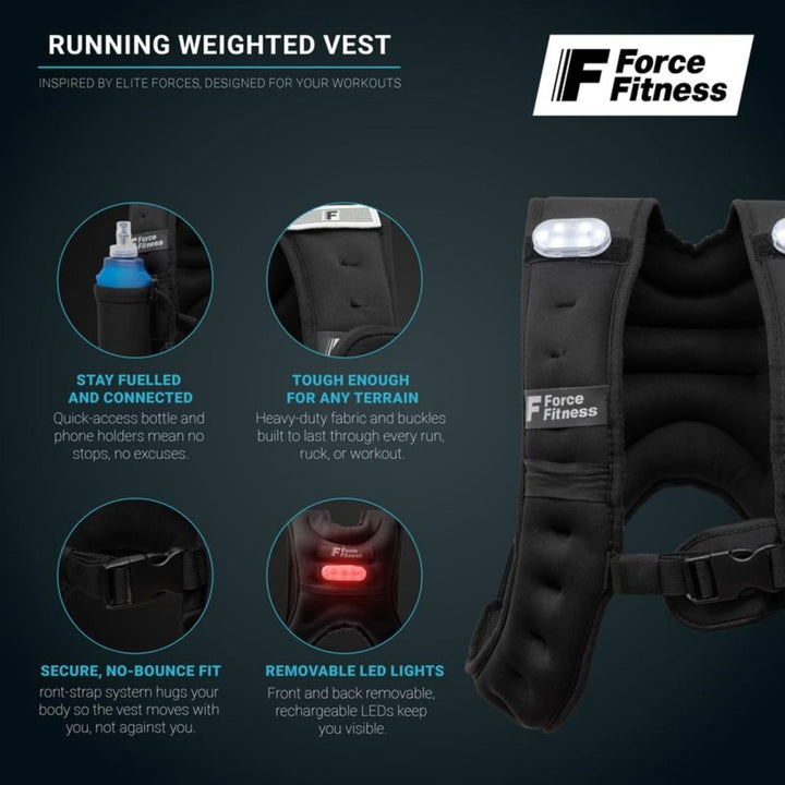 Force Fitness Gewichtsweste zum Laufen mit LED-Sicherheitslichtern vorne und hinten, abnehmbarer Fla
