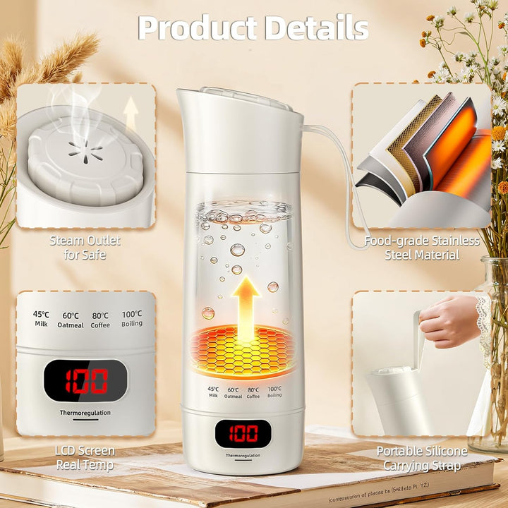 Elektrischer Reisewasserkocher Klein 400ml, Mini Wasserkocher mit 4 Temperatureinstellung, Tragbarer