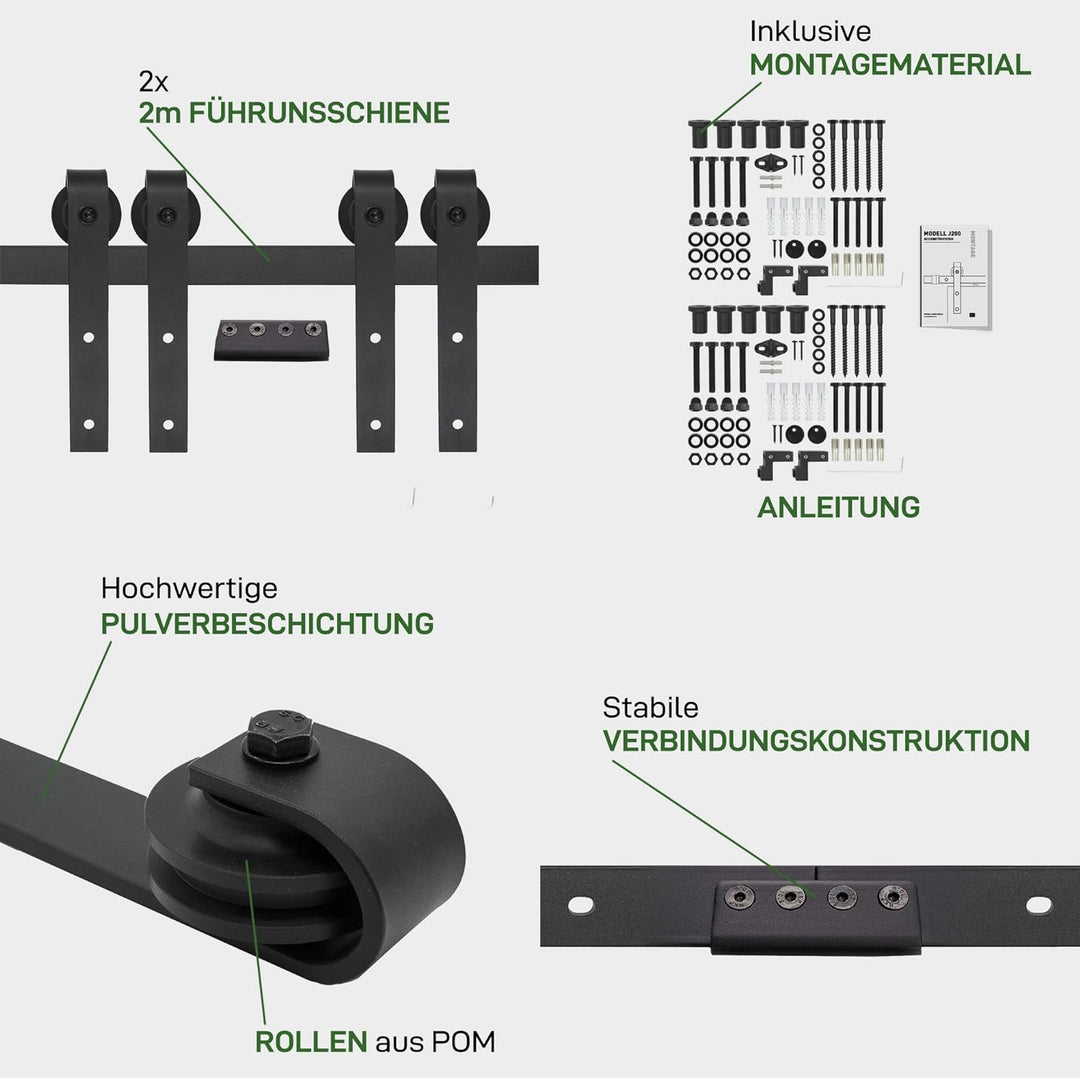 1x Natural Goods Berlin SCHIEBETÜRSYSTEM mehrere Modelle, Schwarz pulverbeschichtet, 2m, Scheunentor