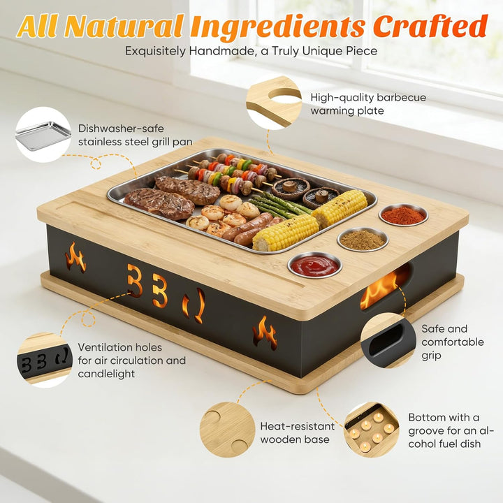 Warmhalteplatte Grillgut, Holz Speisenwärmer mit 304 Edelstahl Grillplatte und Dip-Schale, BBQ Fleis
