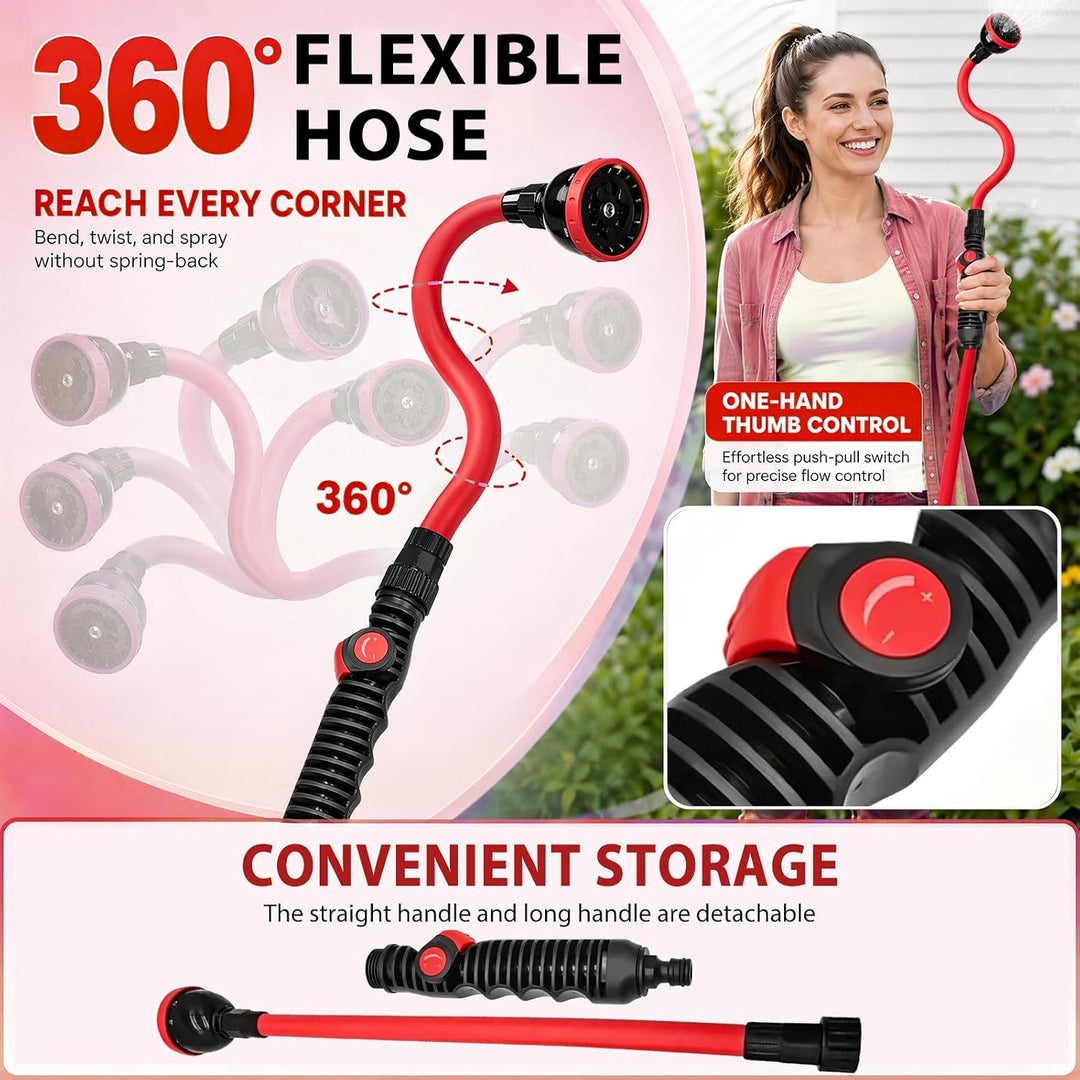 Flexibler Garten Giessstab 73cm, 10 Sprühfunktionen & 360° Schwenkkopf, Gartenbrause mit Durchflussk