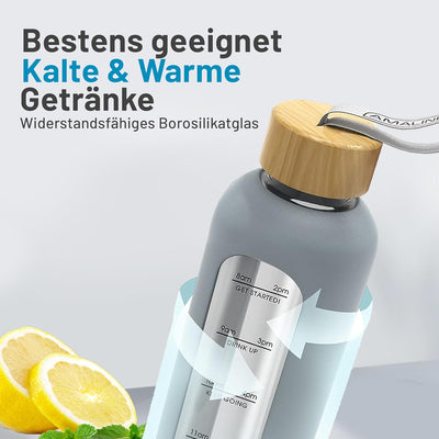 Amalindo Trinkflasche Glas 1L Bruchsicher (Borosilikatglas) - Glasflasche 1 Liter Schraubverschluss