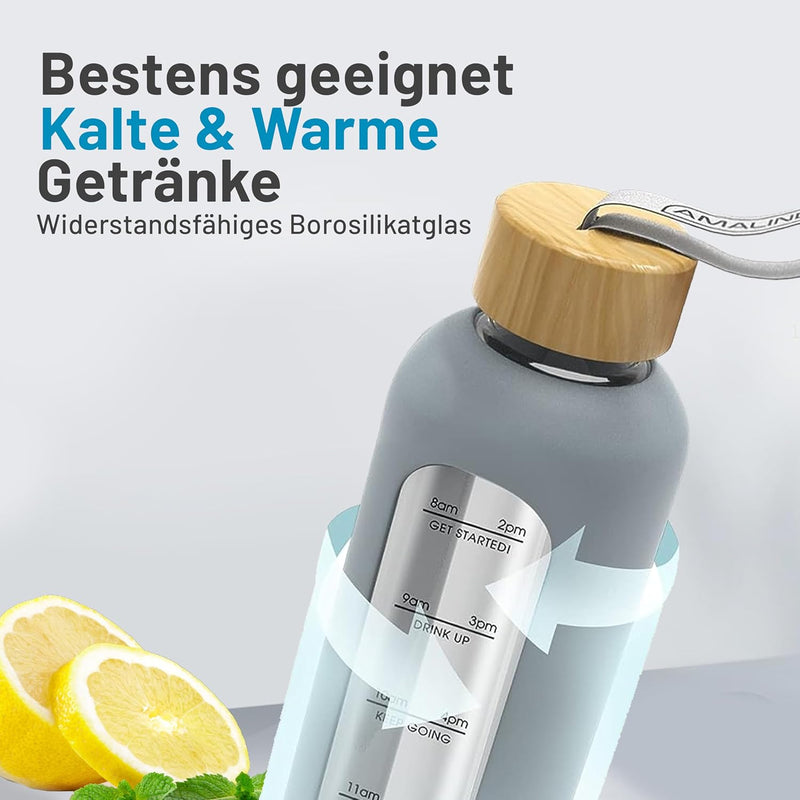 Amalindo Trinkflasche Glas 1L Bruchsicher (Borosilikatglas) - Glasflasche 1 Liter Schraubverschluss