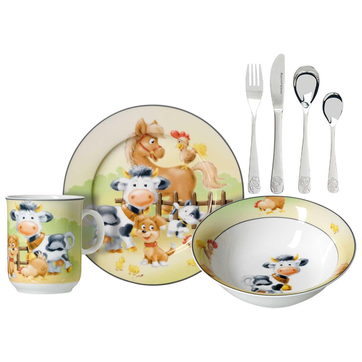 Ritzenhoff & Breker Kindergeschirr-Set Hoftiere 3-teilig mit Besteck | Teller, Schale, Becher, Gabel