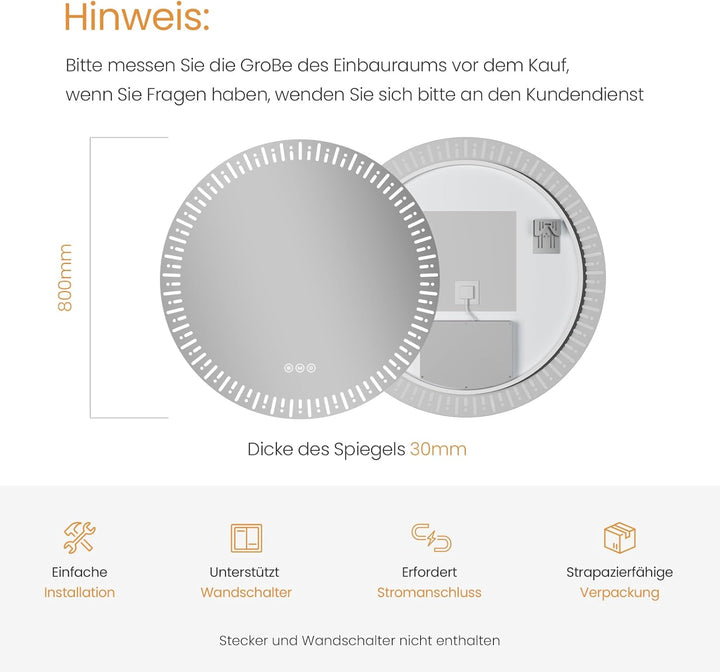 EMKE Badspiegel mit Beleuchtung Rund LED Spiegel 80 cm Runder Badspiegel mit Touchschalter, Dimmbar,