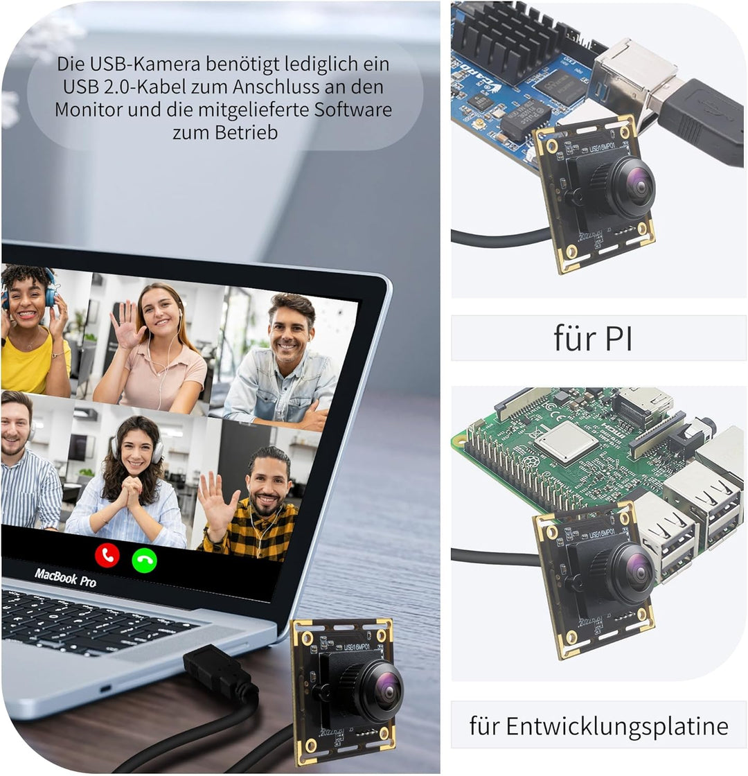 16MP USB Kameramodul mit Fischaugenobjektiv, 180° Weitwinkel, USB 2.0 Webcam UHD 4K, Plug & Play für