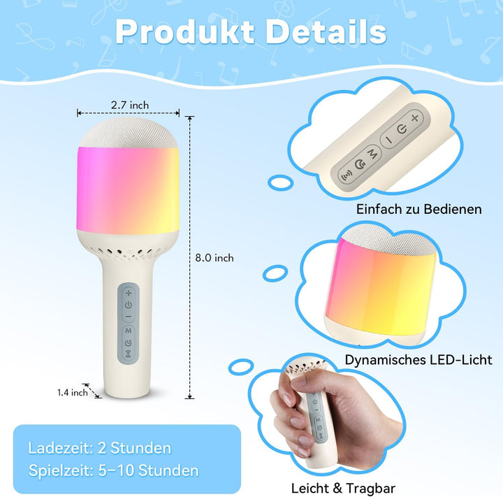 Karaoke Mikrofon Kinder & Erwachsene , Kabellos Bluetooth Mikrofon Karaoke mit LED Licht, Tragbares