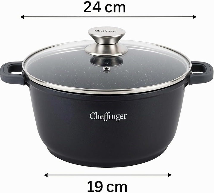 Cheffinger Kochtopf Aluguss Induktion Ø24cm Suppentopf Pfanne Topf Deckel Brattopf Schwarz, CF-DC24