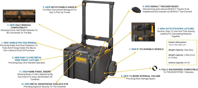 Dewalt DS450 Werkzeugbox DWST83295-1 (ToughSystem 2.0, mobile Werkzeugbox mit robusten 8" Rädern und