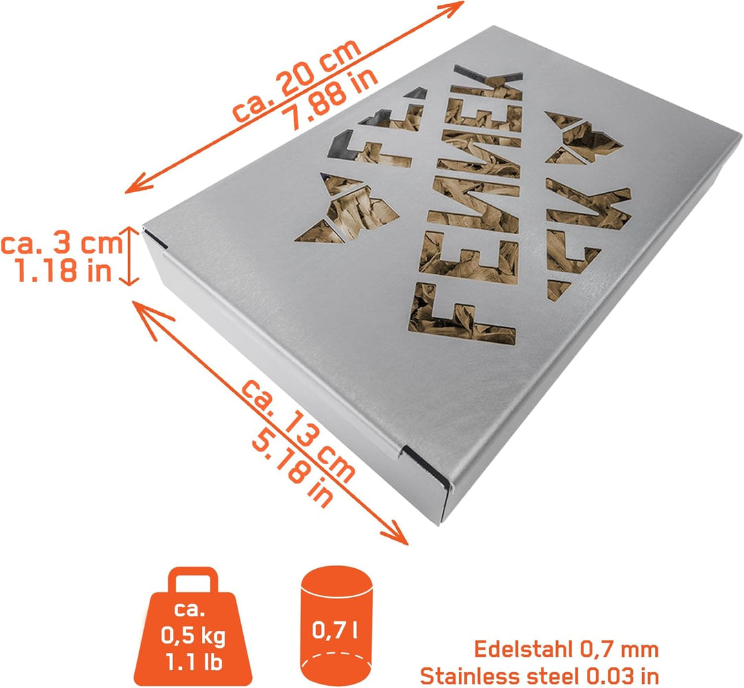 FENNEK Räucherbox für z.B. Räucherlachs | ca. 20 x 13 x 3 cm | Aus hitzebeständigem Edelstahl | 0,7