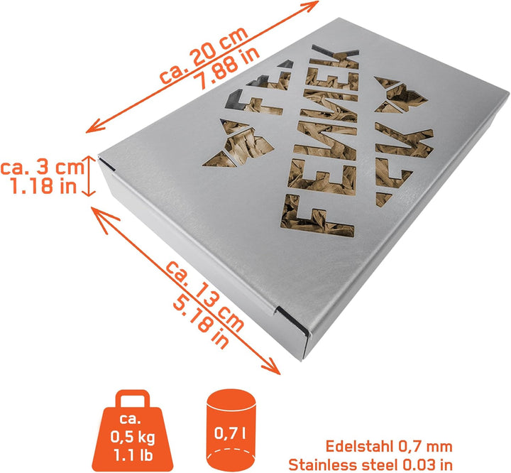 FENNEK Räucherbox für z.B. Räucherlachs | ca. 20 x 13 x 3 cm | Aus hitzebeständigem Edelstahl | 0,7