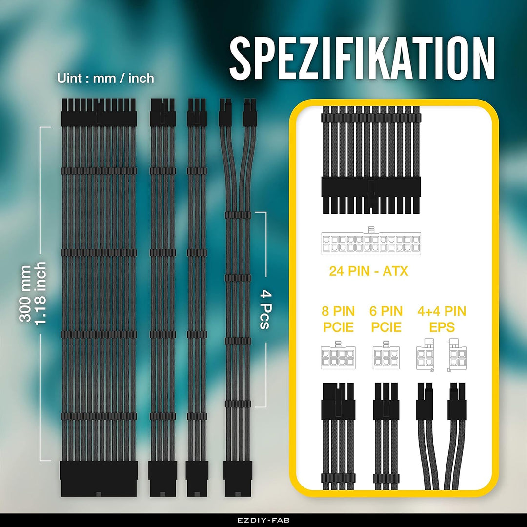 EZDIY-FAB Sleeved Cable - Kabelverlängerung für Stromversorgung mit Combs 24 Pin 8PIN 6PIN 4 + 4 Pin