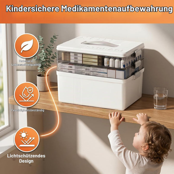 3 Stöckige Medikamenten Aufbewahrung, Hausapotheke Box mit Griff und herausnehmbarem Fach, Multifunc