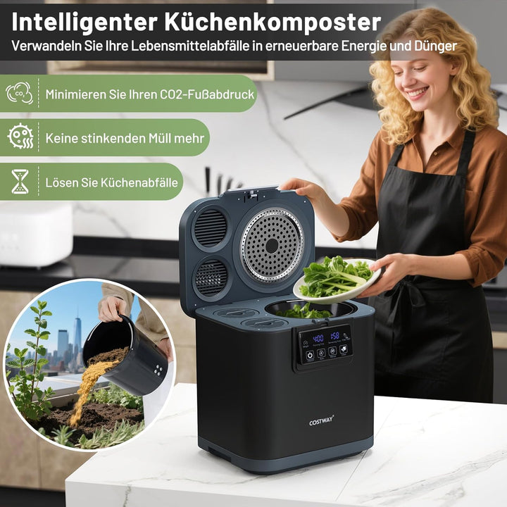 COSTWAY 4 L Elektrischer Komposter, Küchenkomposter mit Deckel, 2 Aktivkohlefilterbox & LED-Anzeige,