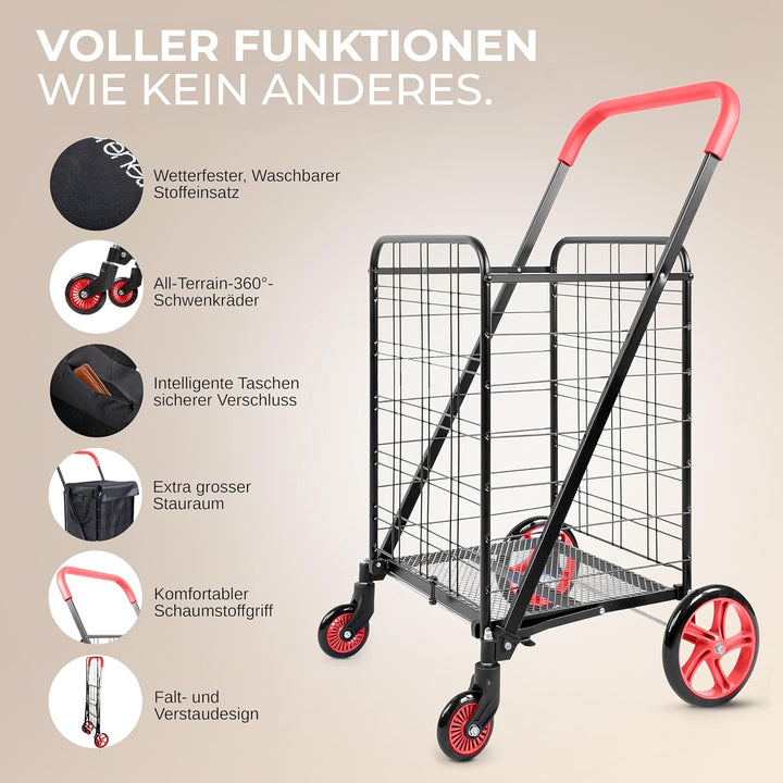 SereneLife Einkaufstrolley, Einkaufswagen, Shopping Trolley Klappbar mit 50L Kapazität, Einkaugstasc