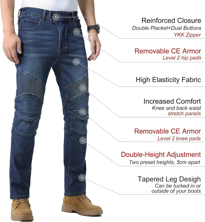 CTBQiTom Herren Motorrad Jeans Motorrad Hosen Schutz Motorradhose mit Abnehmbarer CE Rüstung 30W / 3