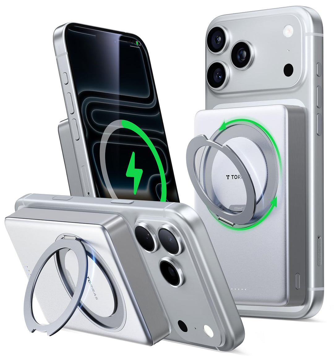 TORRAS Ostand MiniMag Ultra Slim Powerbank für Magsafe, Integrierter 360° Ständer 18W Schnellladen 1