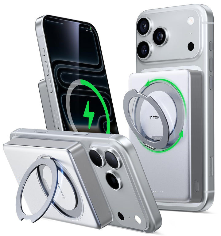 TORRAS Ostand MiniMag Ultra Slim Powerbank für Magsafe, Integrierter 360° Ständer 18W Schnellladen 1