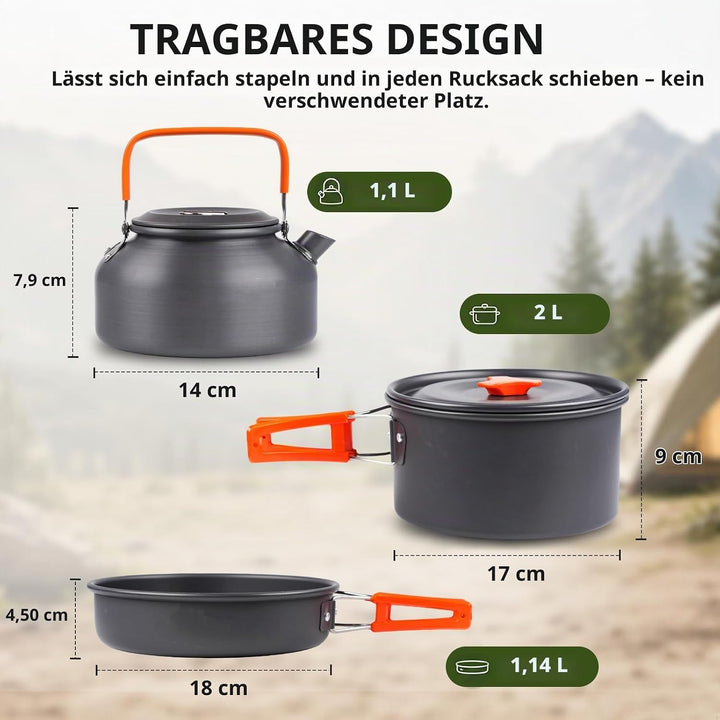 aiGear Camping Kochgeschirr Set/Outdoor Geschirr Set | Camping Topf Kochtopf Tragbar Aluminium | mit
