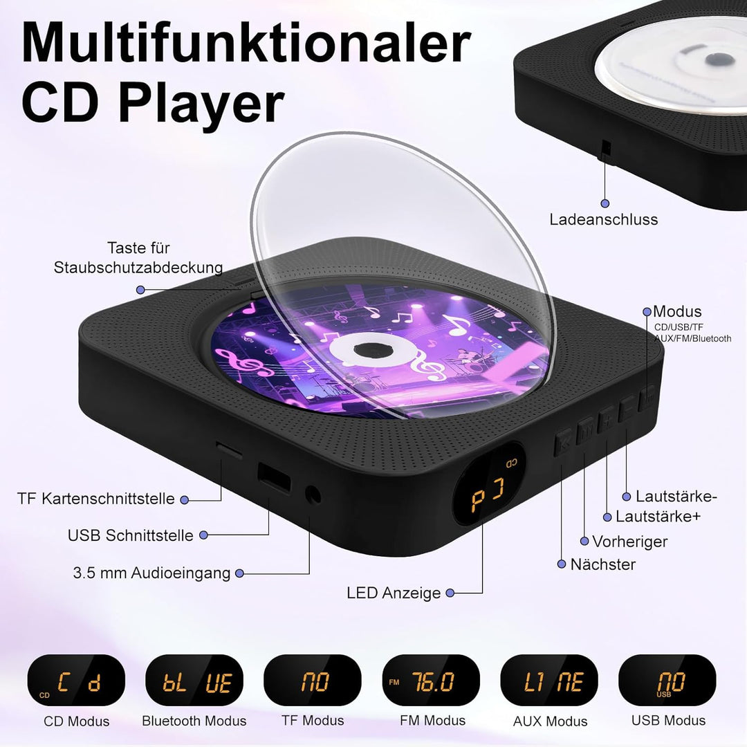 Canareen CD Player Boombox - Upgrade Bluetooth Lautsprecher mit Staubschutzhülle & LED Bildschirm |