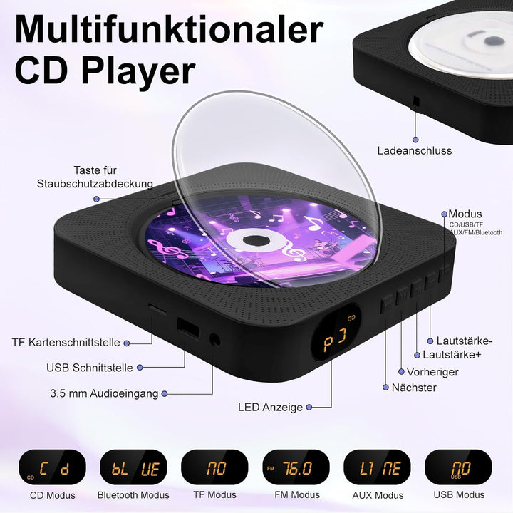 Canareen CD Player Boombox - Upgrade Bluetooth Lautsprecher mit Staubschutzhülle & LED Bildschirm |