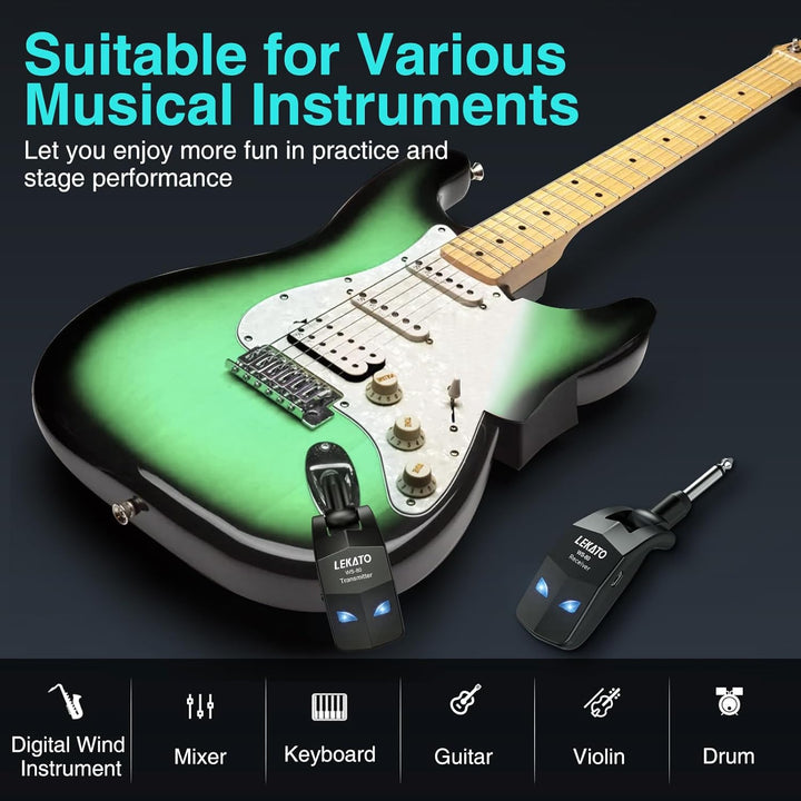 LEKATO 2,4 GHz kabelloses Gitarrensystem, kabelloser Gitarrensender und -empfänger, wiederaufladbare