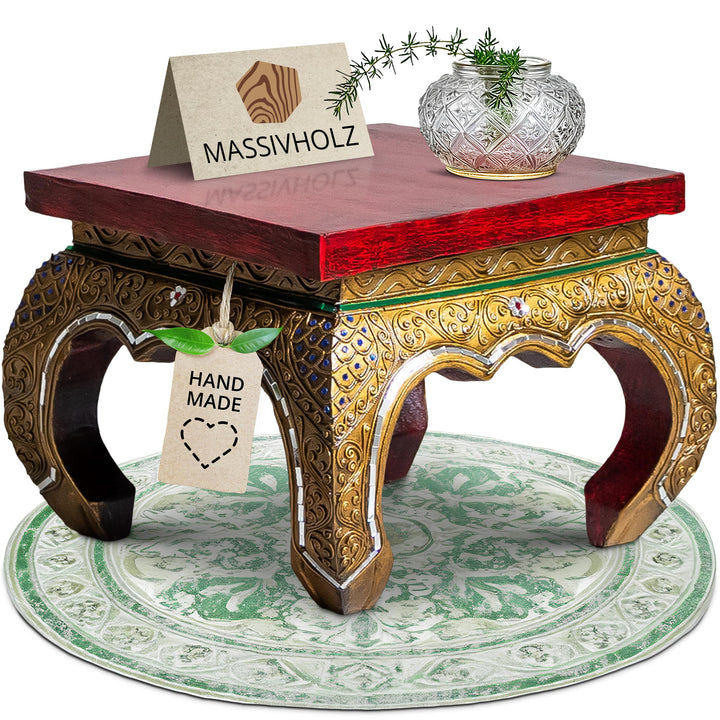 livasia Opiumtisch mit Glasmosaikverzierungen, Beistelltisch aus Holz, Nachttisch, asiatischer Hocke
