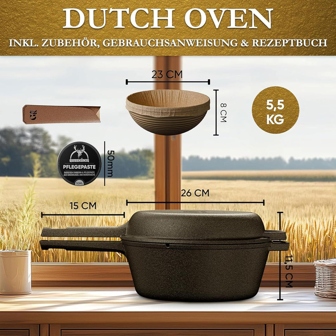 Gusseisen Topf Brot Backen mit Gärkörbchen – eingebrannte Brotbackform mit Deckel: 3L Topf & 1,5L Pf