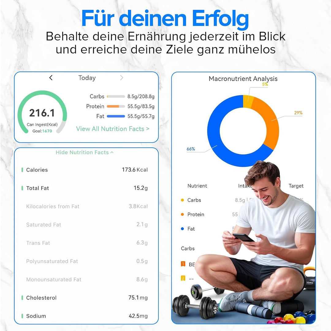 Belife Küchenwaage digital mit Nährwertberechnung, Ernährungswaage App verfolgt 19 Nährstoffe, Kalor