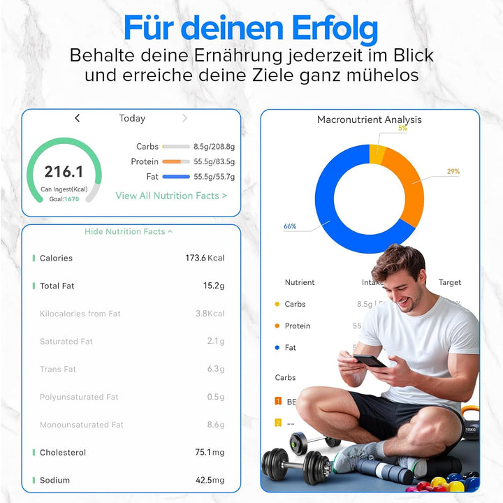 Belife Küchenwaage digital mit Nährwertberechnung, Ernährungswaage App verfolgt 19 Nährstoffe, Kalor