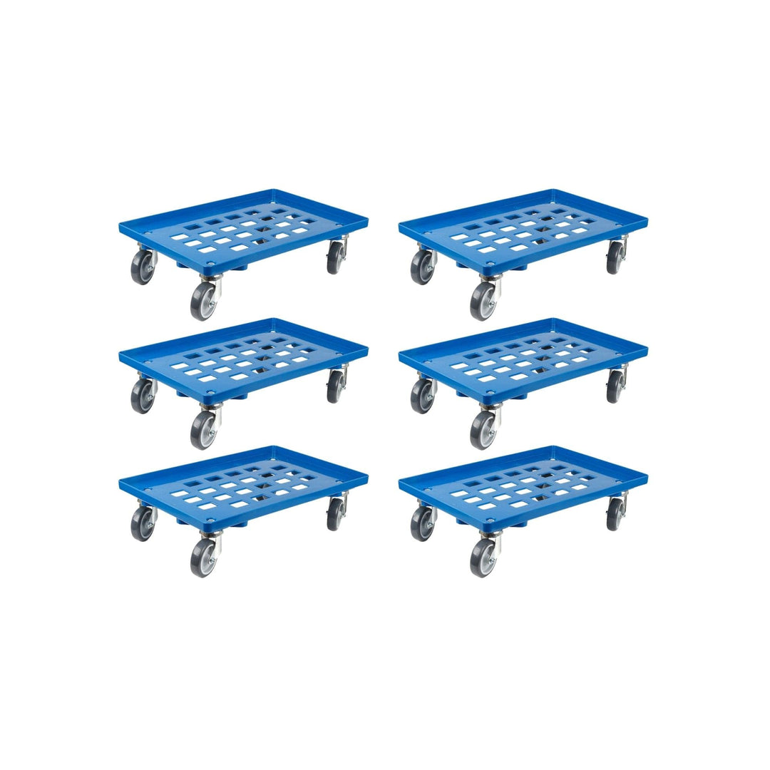 SparSet 6X Transportroller für Euroboxen 60x40cm mit Gummiräder blau | Gitter/Rasterdeck | 2 Lenkrol