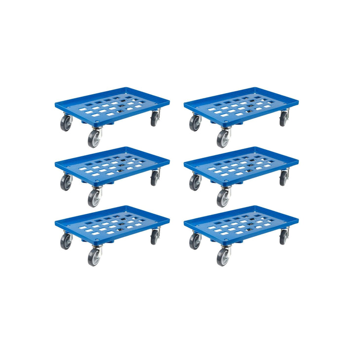 SparSet 6X Transportroller für Euroboxen 60x40cm mit Gummiräder blau | Gitter/Rasterdeck | 2 Lenkrol