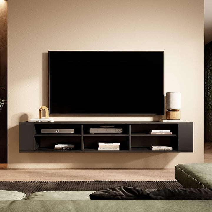Selsey Weri - TV-Board hängend mit 6 offenen Fächern, minimalistisch, 175 cm breit (Schwarz), Schwar