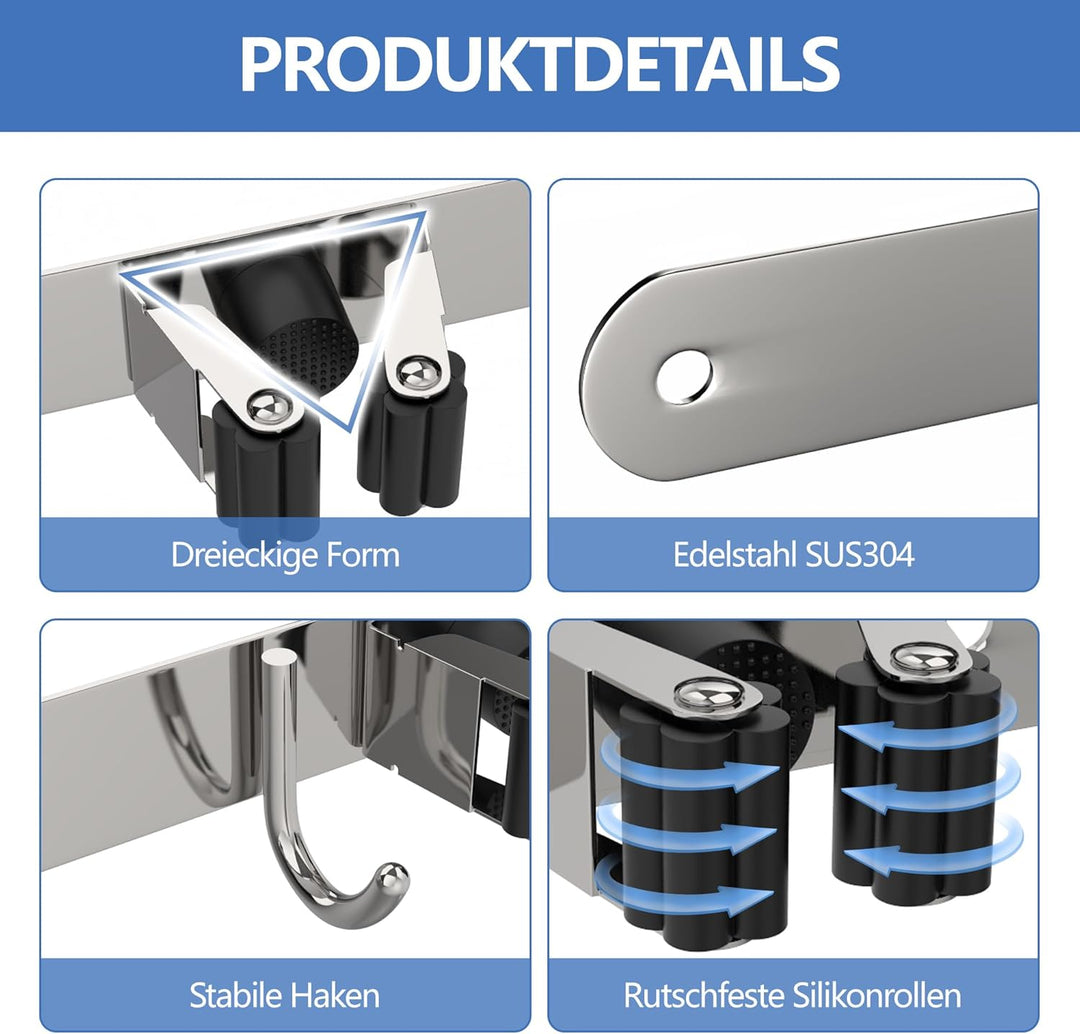 Besenhalter Wandmontage mit 5 Halterungen und 4 Haken mit Nägeln Installation Hauswirtschaftsraum Au