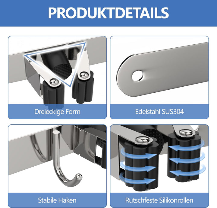 Besenhalter Wandmontage mit 5 Halterungen und 4 Haken mit Nägeln Installation Hauswirtschaftsraum Au