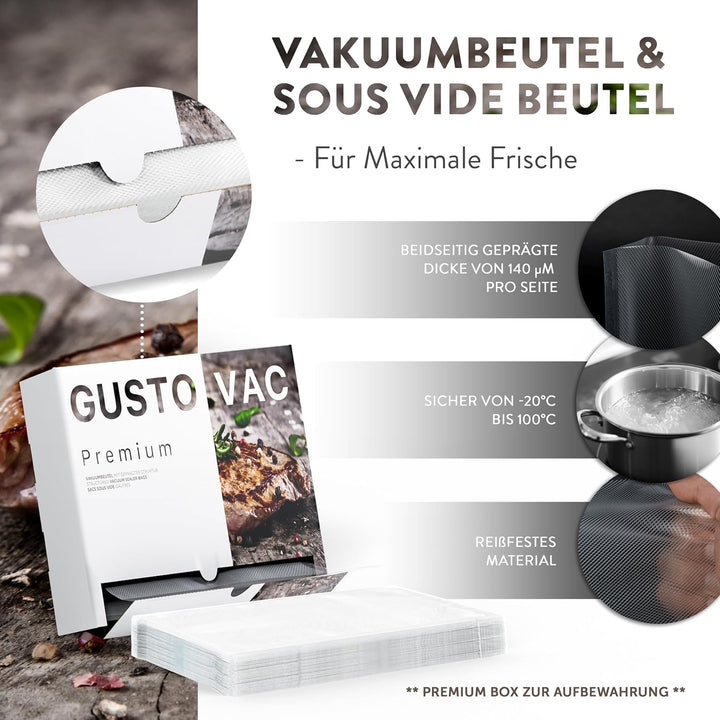 GustoVac Premium 100 Stk Vakuumierbeutel 20x30 geprägt - Made in Germany - Vakuum Beutel für Vakuumi