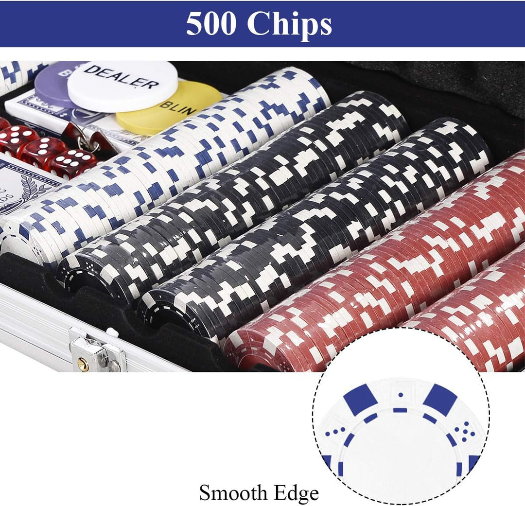 DREAMADE Ultimate Pokerset mit 500 Chips/ 2 Poker Set/ 5 Würfel/Koffer/Spieltuch/ 5 Dealer Buttons,