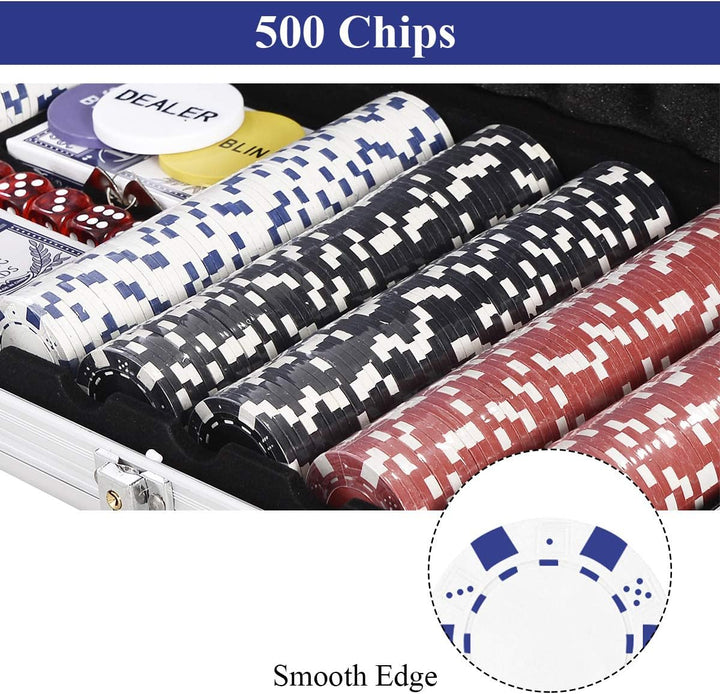 DREAMADE Ultimate Pokerset mit 500 Chips/ 2 Poker Set/ 5 Würfel/Koffer/Spieltuch/ 5 Dealer Buttons,