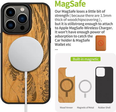 Carveit Handyhülle für iPhone 14 Pro Cover Kompatibel mit Magsafe [Holz und TPU Silikon Hybrid hülle