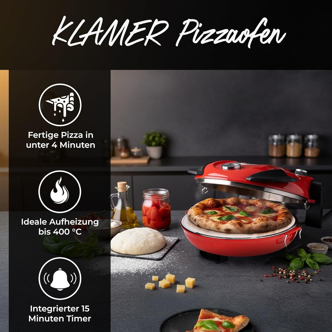 KLAMER Pizzaofen elektrisch, Pizza Ofen mit ⌀ 31cm, 1200W, 400°C, abnehmbarer Keramik Pizzastein, 5