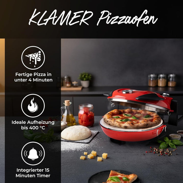 KLAMER Pizzaofen elektrisch, Pizza Ofen mit ⌀ 31cm, 1200W, 400°C, abnehmbarer Keramik Pizzastein, 5