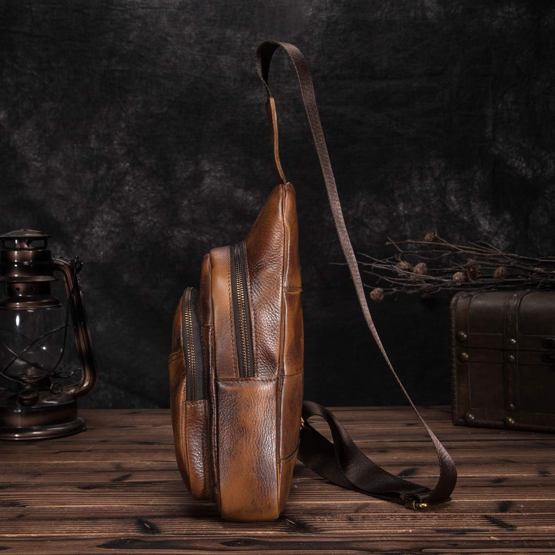 Le’aokuu Herren Echtes Leder Hüfttasche Brusttasche Bauchtsche Crossbody Bag Sling Bag Schultertsche